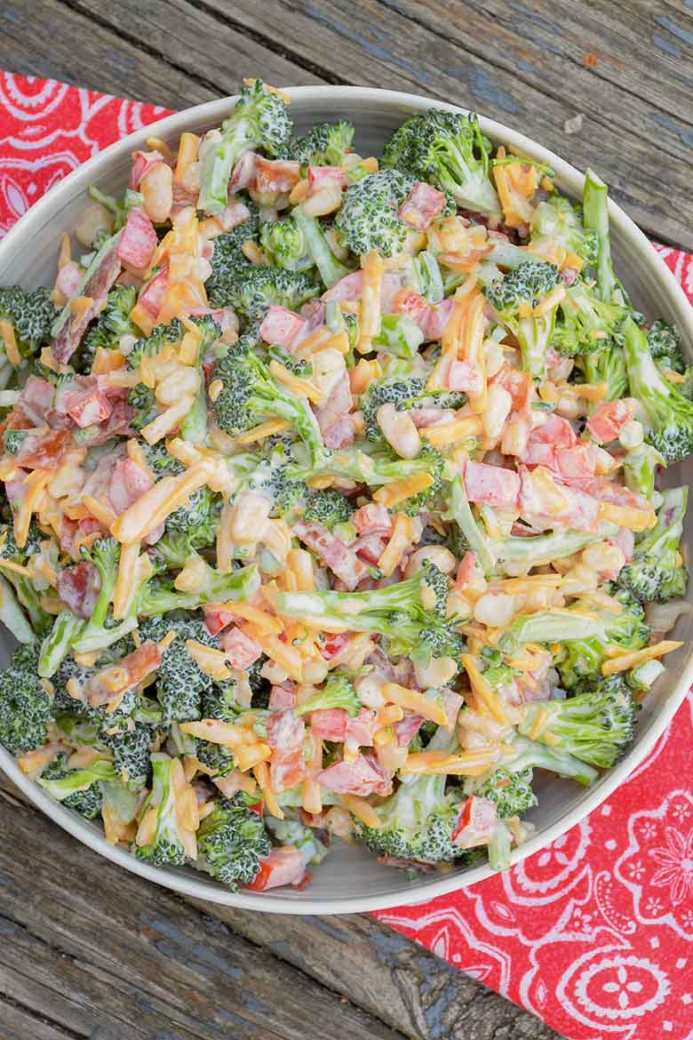 Keto Broccoli Salad with Bacon, Cheese and Jalapeno in a serving bowl, 