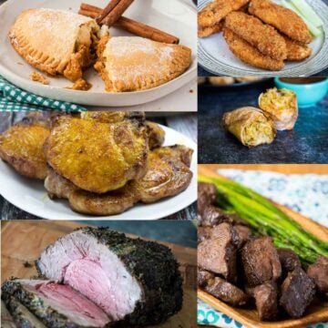 A photo collage of recipes made in the air fryer, pumpkin hand pies, pork chops, roast beef, steak bites, egg rolls, and chicken fingers.