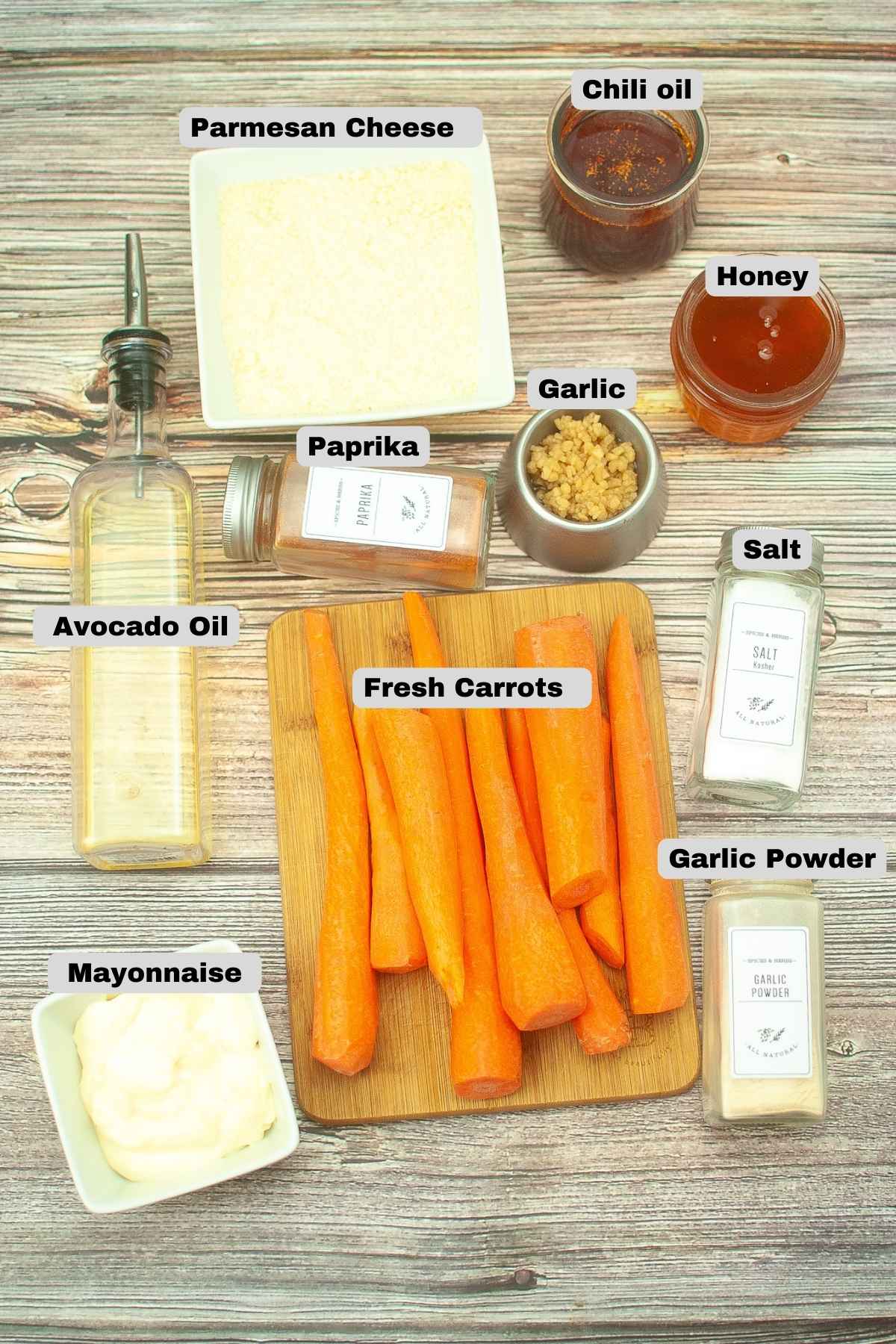 Measured ingredients for the fries, including the sauce ingredients.