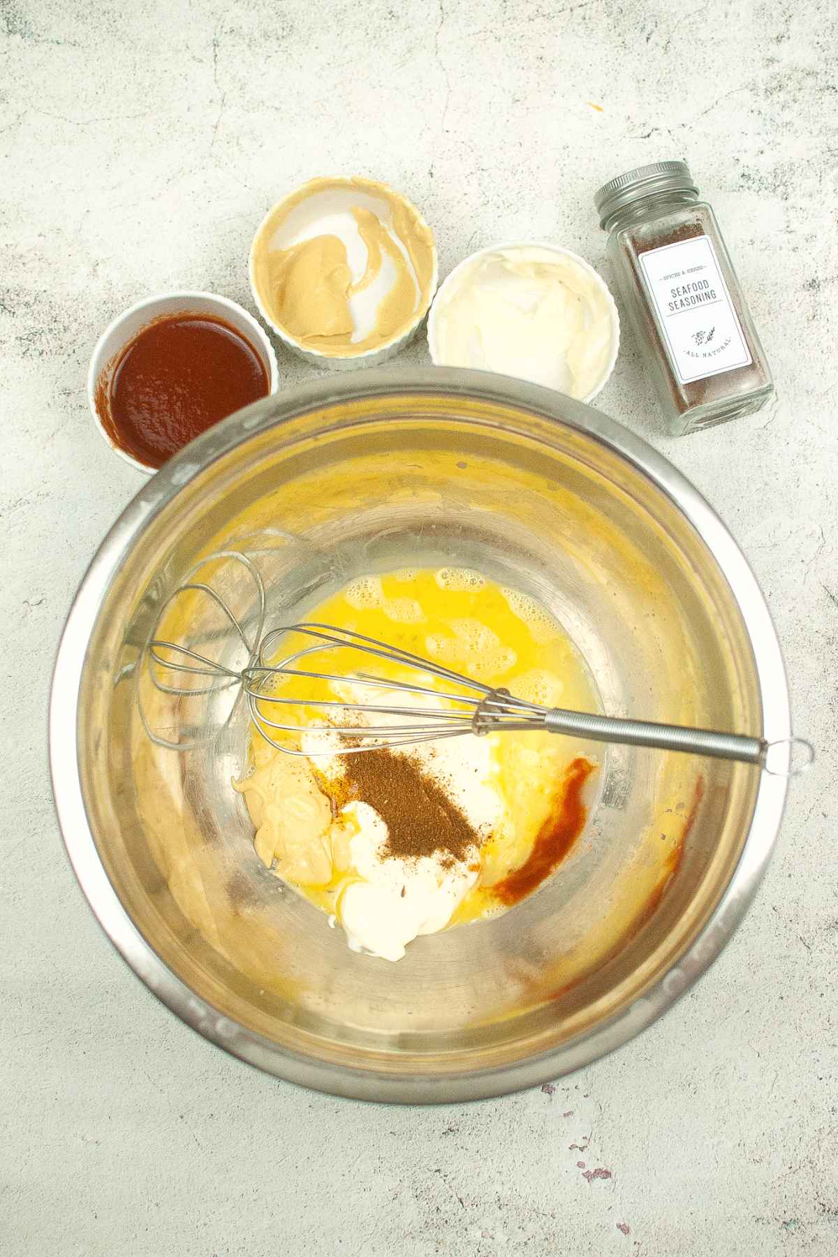 Binding ingredients for crab cake mixture.