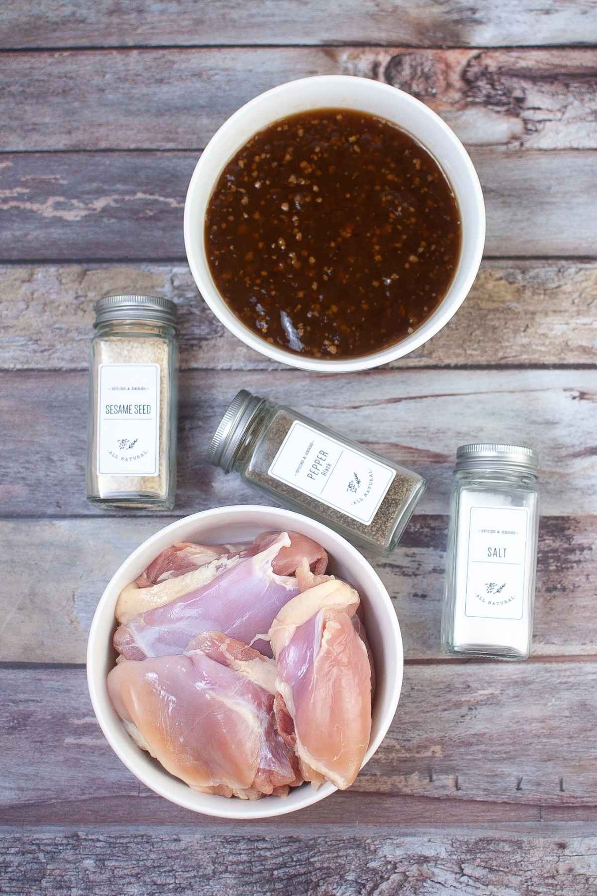 Ingredients for air fryer chicken with teriyaki sauce.