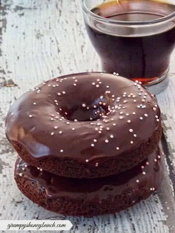 Two Baked Chocolate Mocha Doughnuts stacked.
