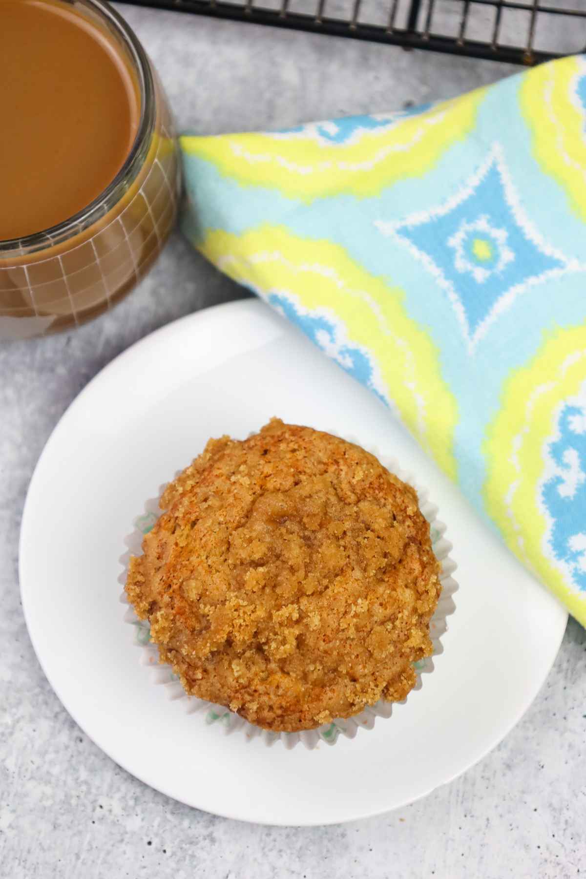 Overhead shot of top of banana crumb muffin.