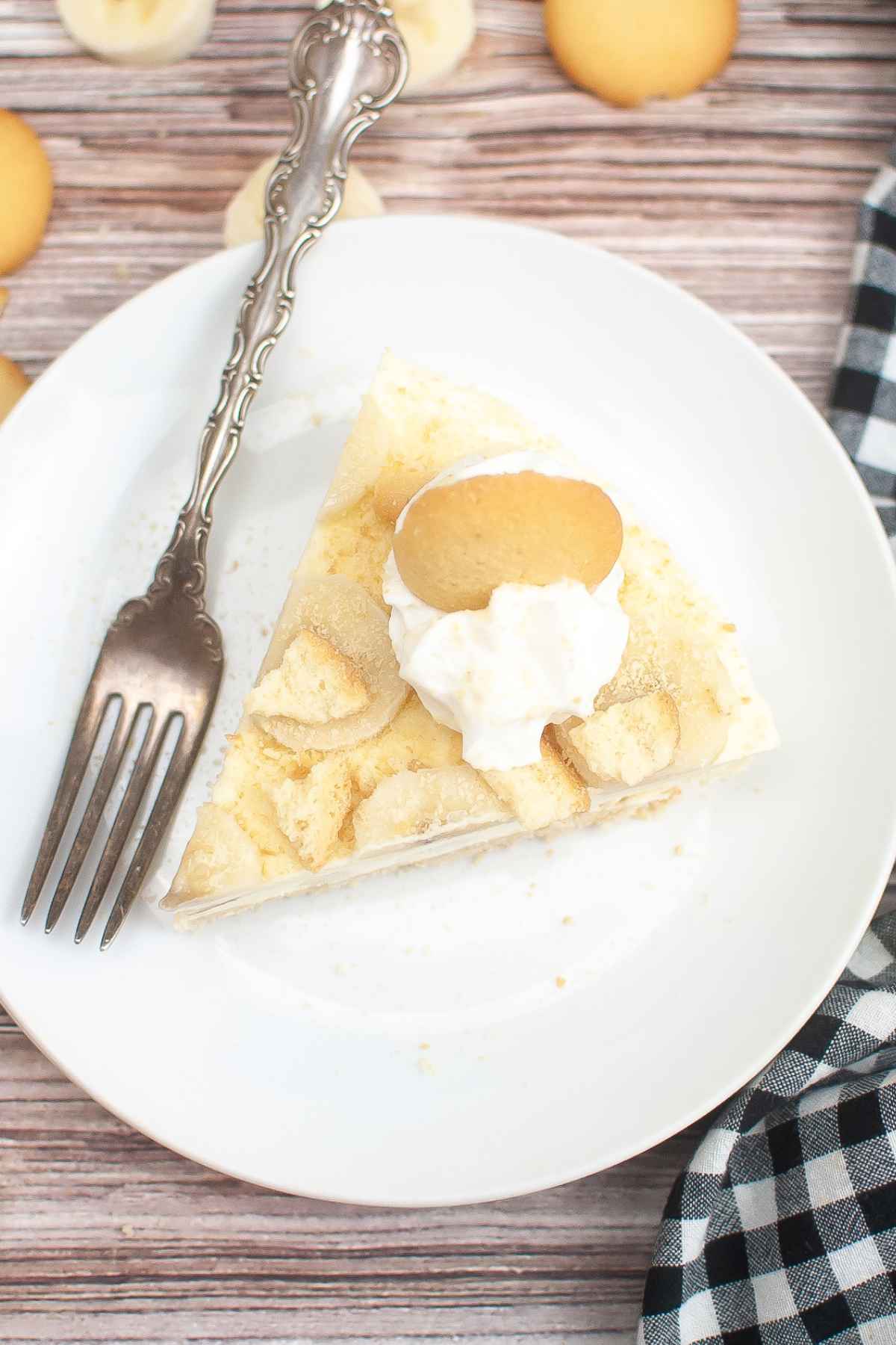 Overhead image of a slice of banana pudding cheesecake.