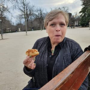 Shelby Law Ruttan enjoying a vegan donut in Madrid Spain.