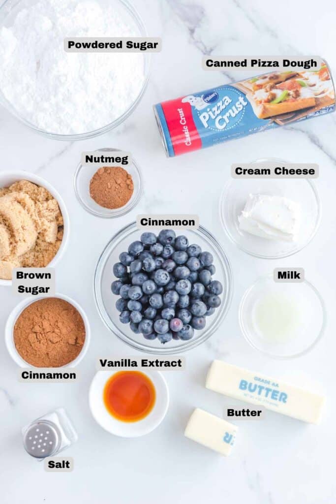 Ingredient layout for Easy Blueberry Cinnamon Rolls.