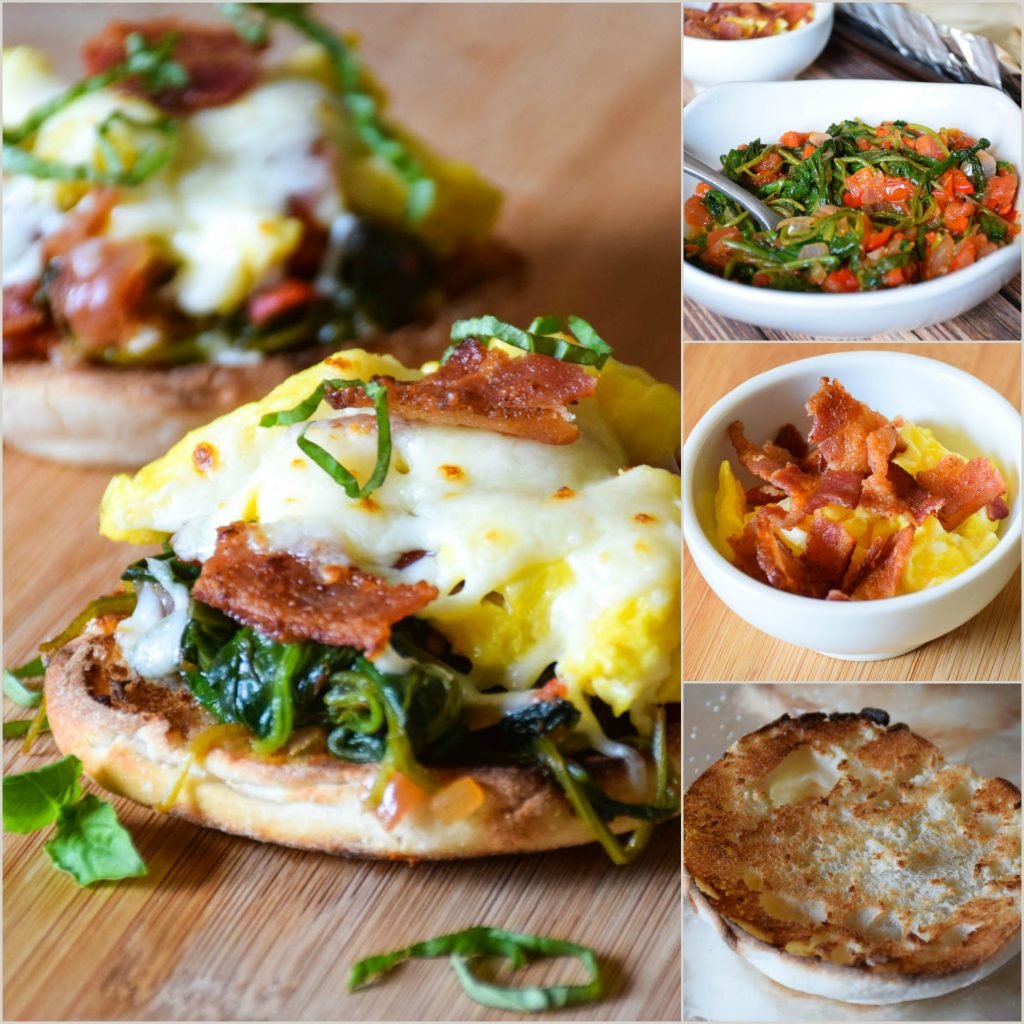 A collage of the assembly steps. Finished product on the left, tomato spinach saute, bacon and eggs, and toasted muffin
