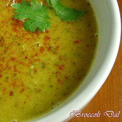 Upclose image of soup made with lentils and broccoli.