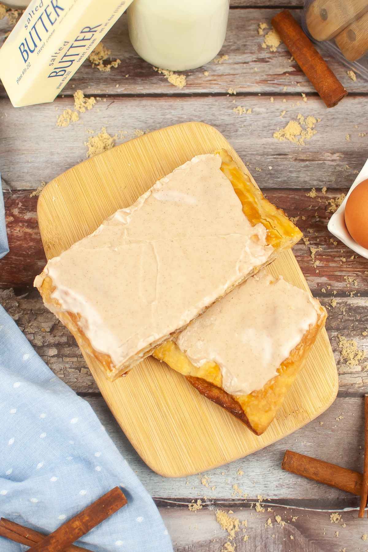 Overhead image of two brown sugar pop tarts stacked.