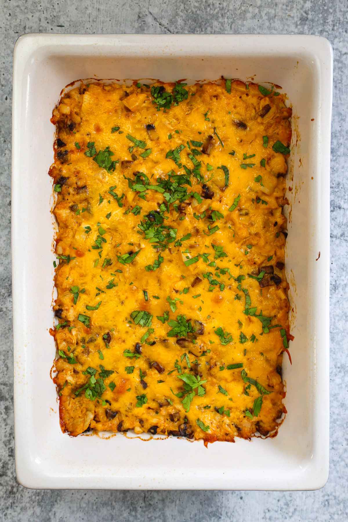 Baked Buffalo Chicken Casserole in dish.