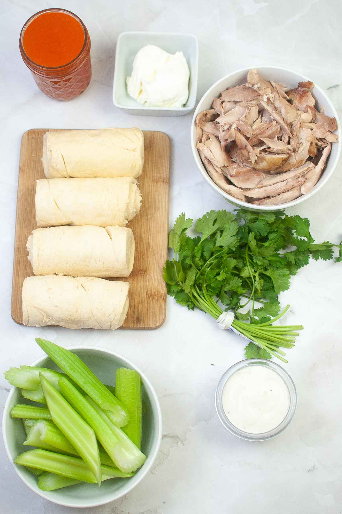 Ingredients for Buffalo Chicken Crescent Rolls.