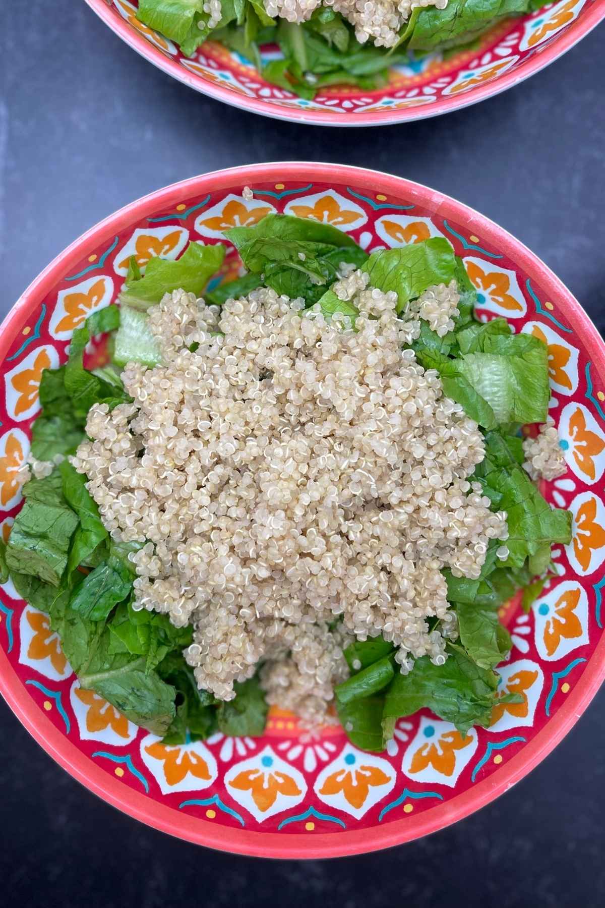 A bowl with a bed of lettuce topped with quinoa.