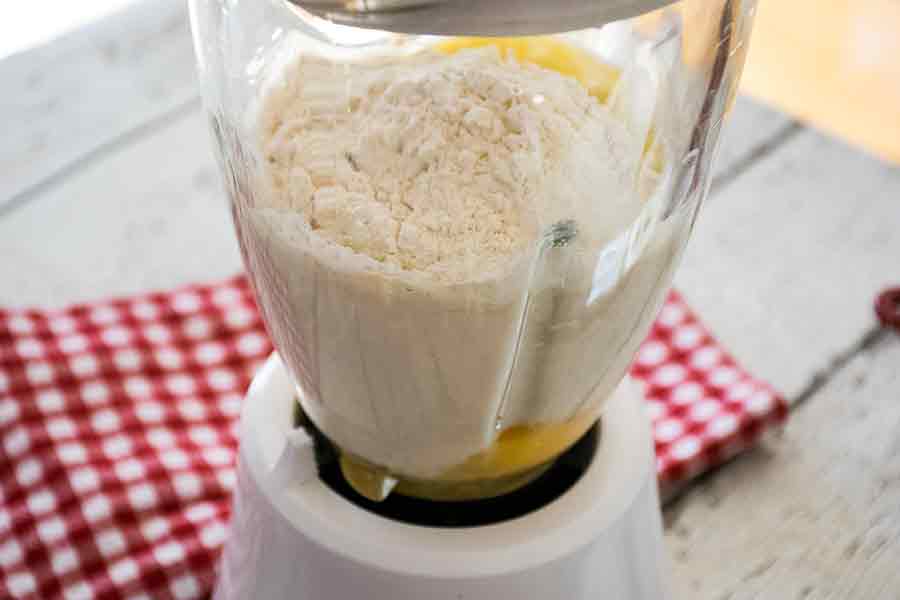 Crepe ingredients in a blender.