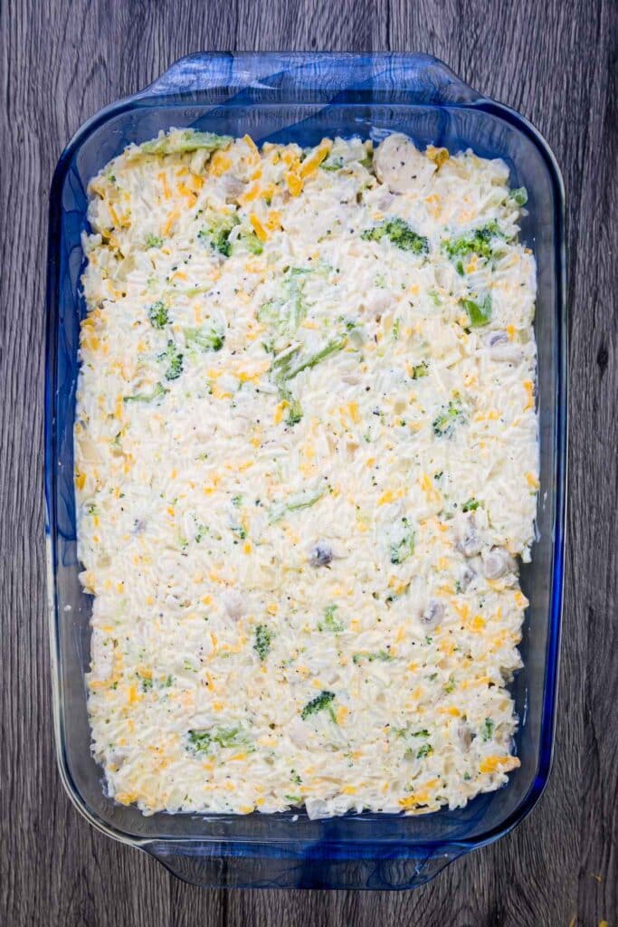 Overhead image of unbaked casserole in baking dish.