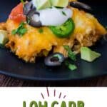 Pin image for low carb chicken enchilada casserole recipe.