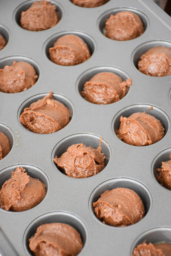 Brownie batter in mini muffin pan.