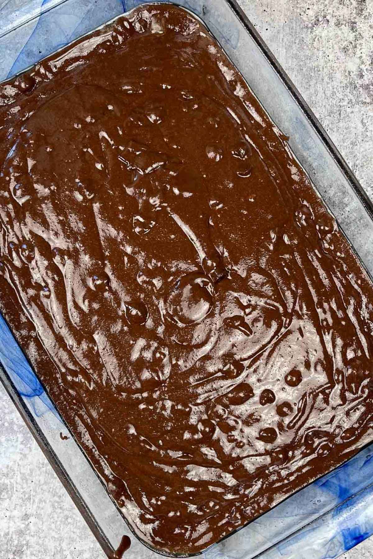 Chocolate Fudge Brownie batter in the baking dish.