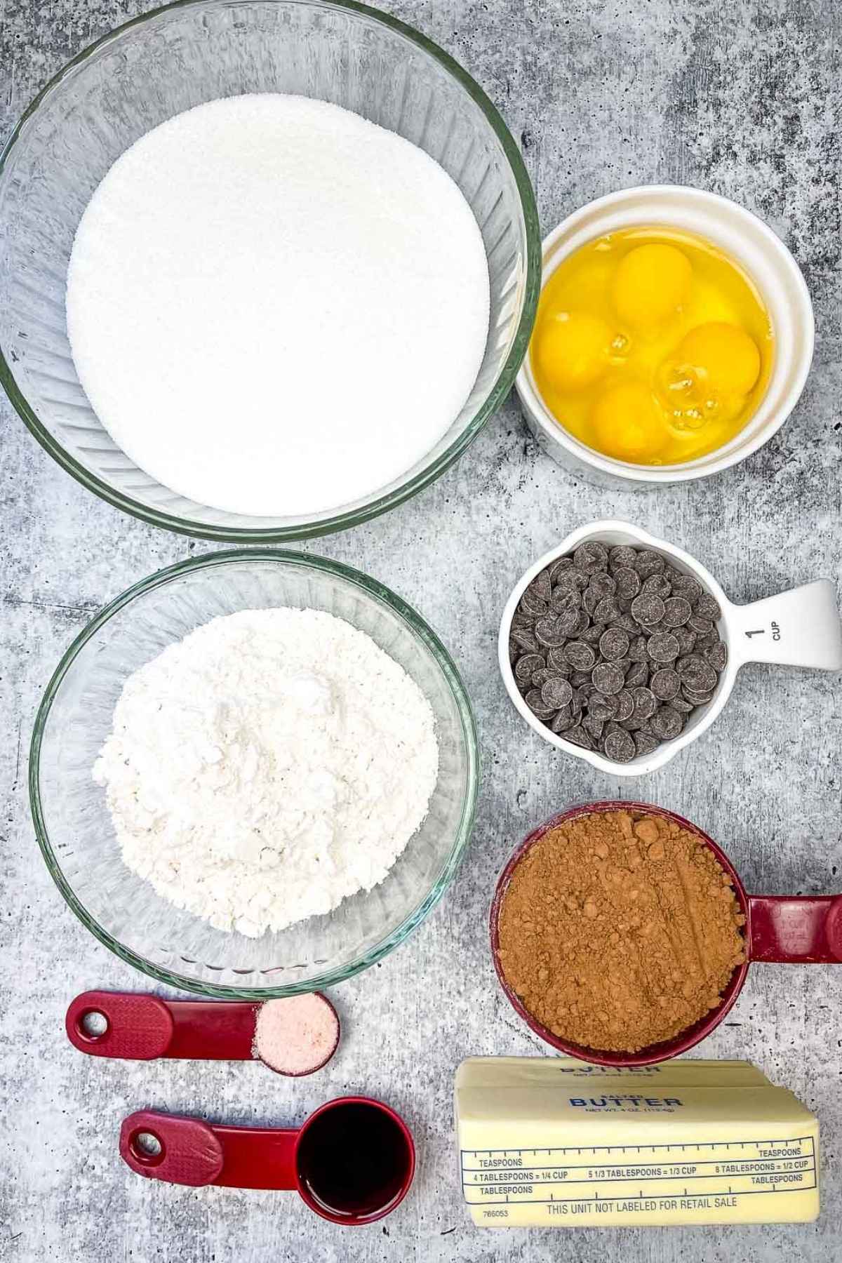 Ingredients for chocolate fudge brownies.