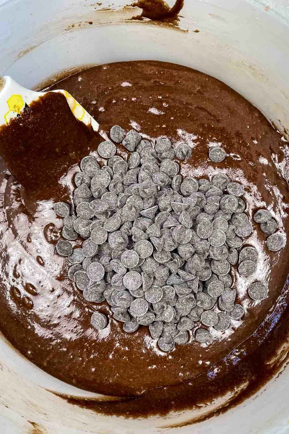 Brownie batter with semi sweet chocolate chips on top of the batter in a mixing bowl.