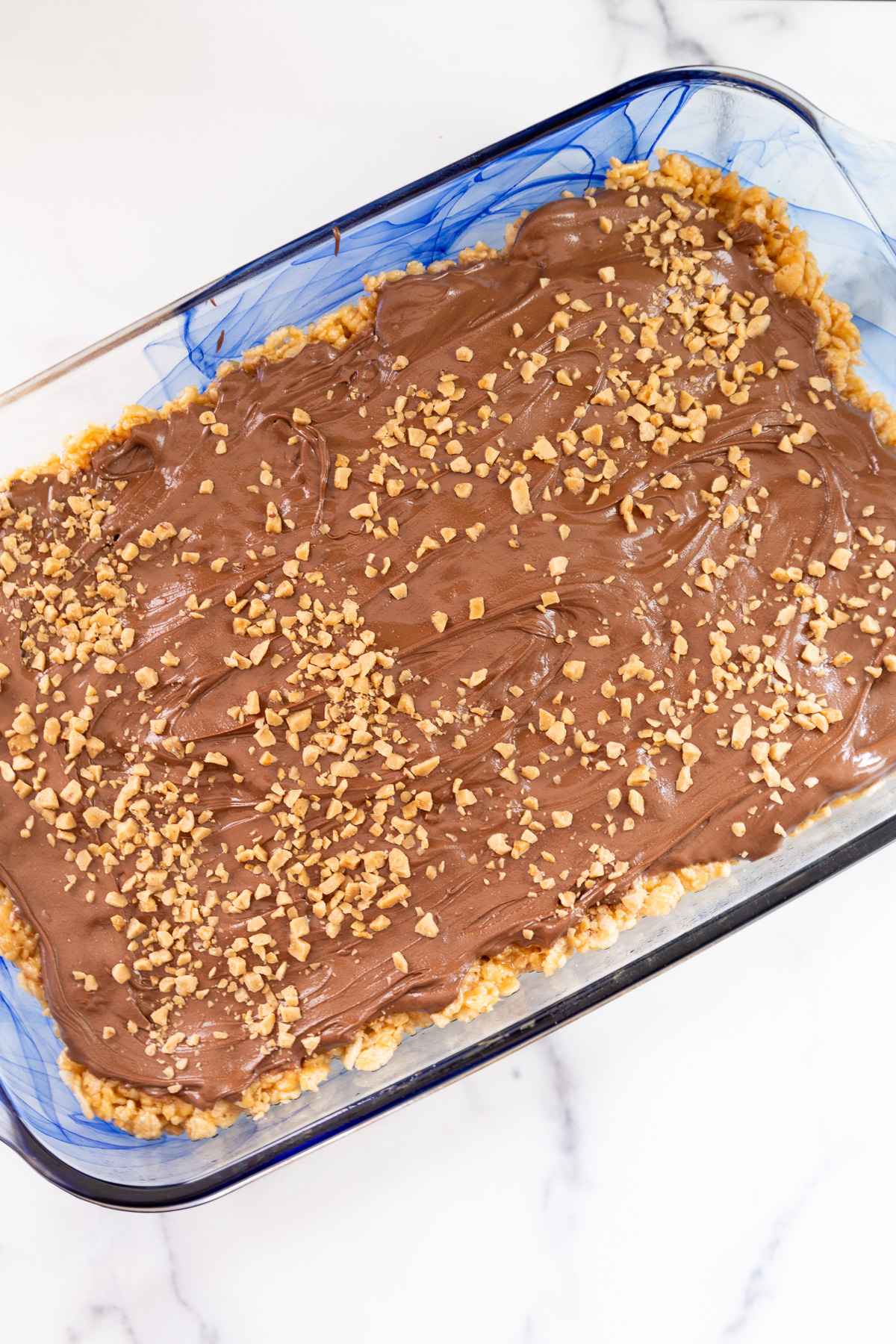 Treat bars in 9x13 pan with chocolate mixture spread over top and sprinkled with toffee bits.