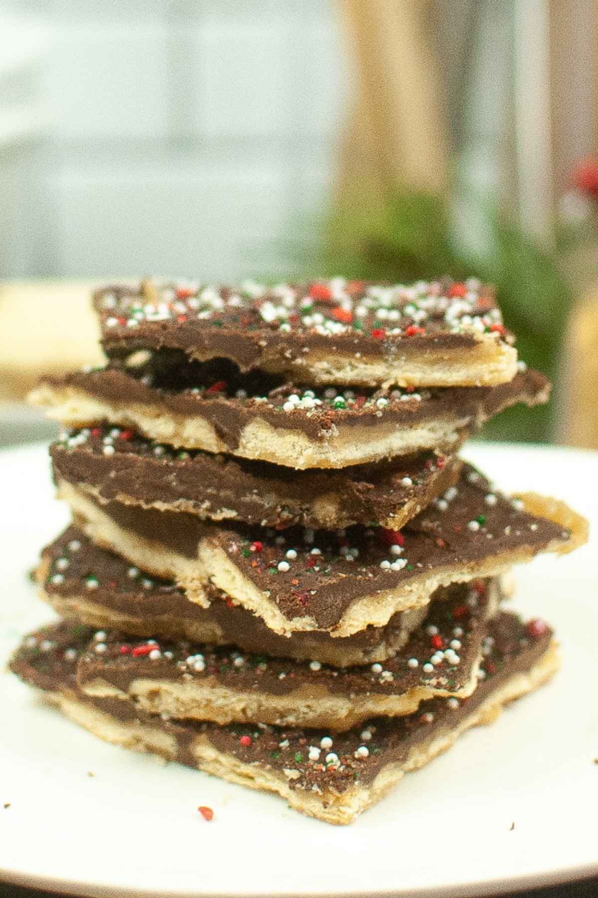 Side view of Christmas Crack Candy.