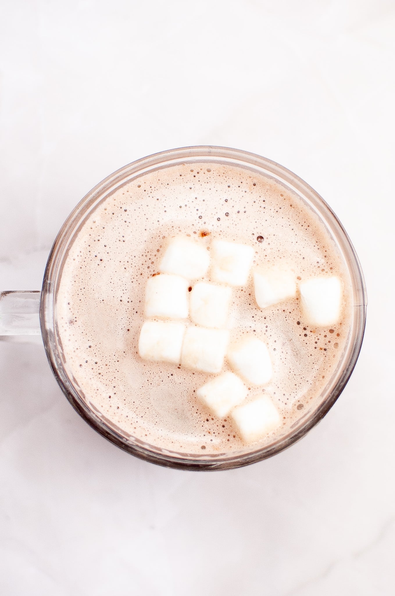 Overhead image of a mug of hot chocolate.