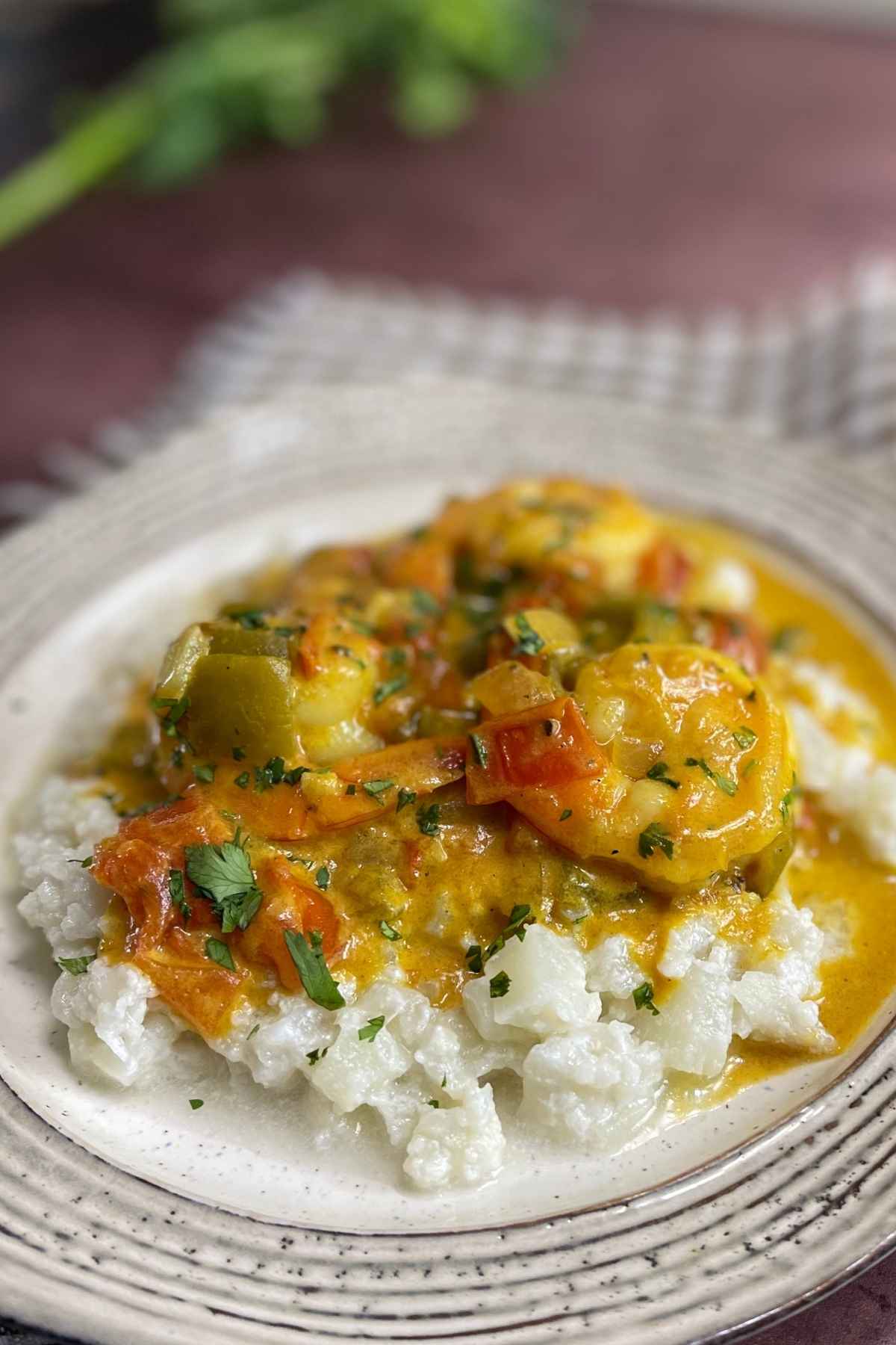 Coconut Shrimp Curry On a plate with Cauliflower Fried Rice.