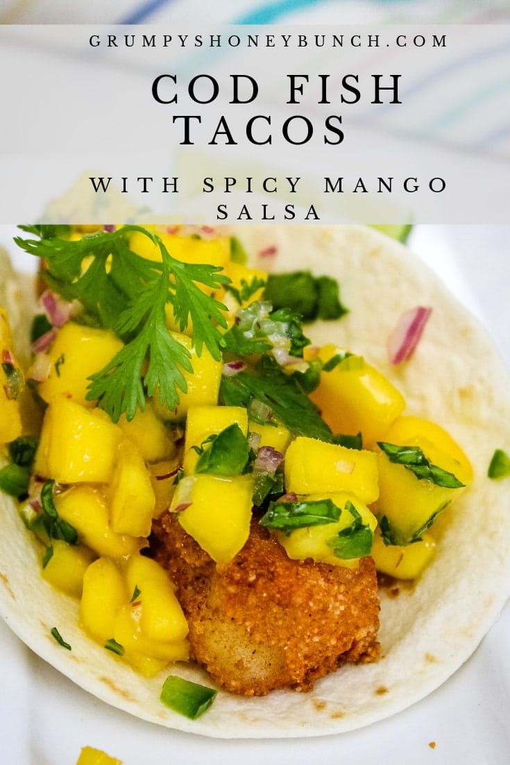 Pinnable image for fried fish tacos in a street taco shell with mango salsa