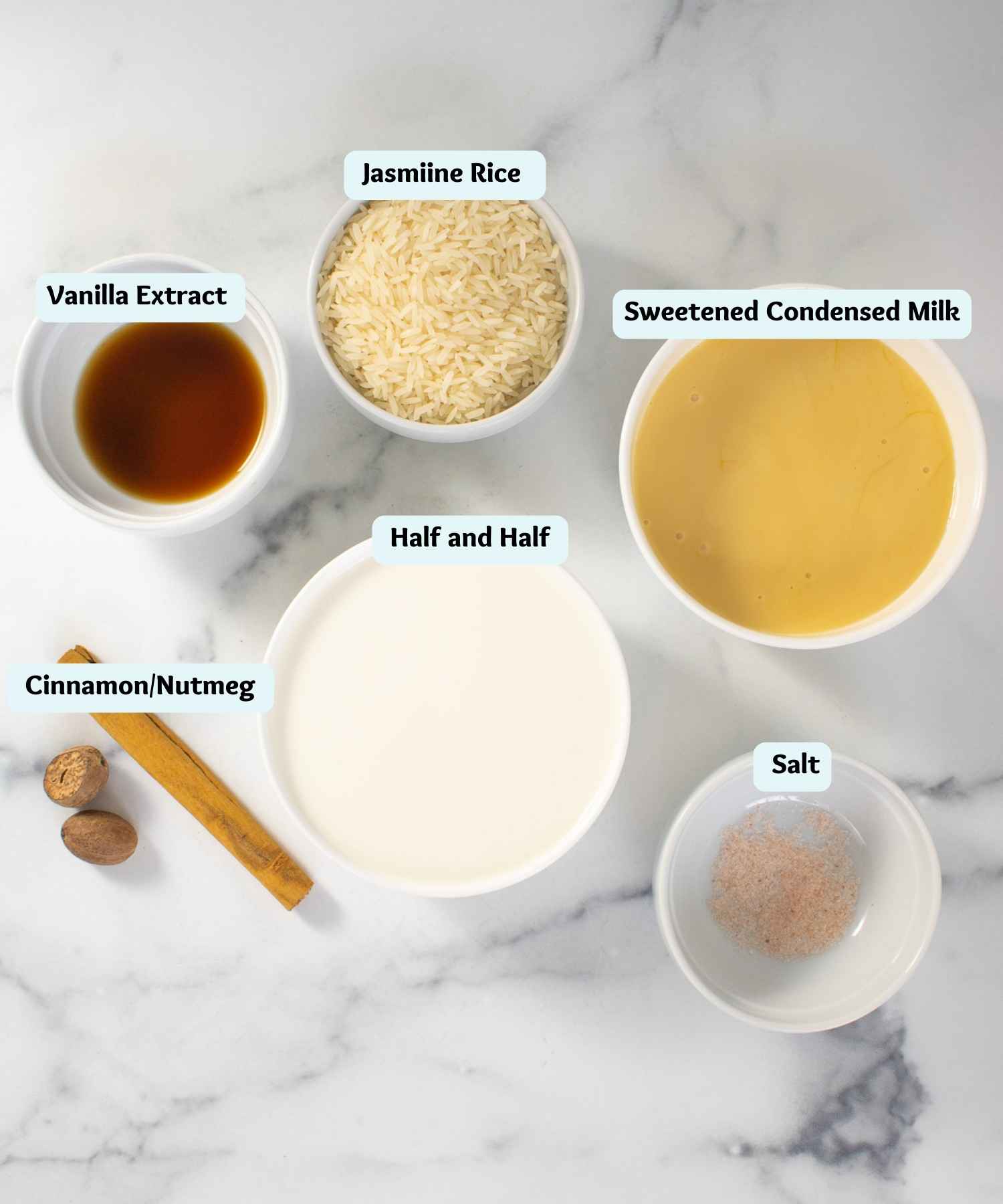 Ingredients for rice pudding made with sweetened condensed milk.