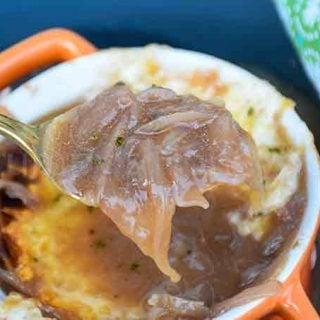 A spoonful of onion soup.