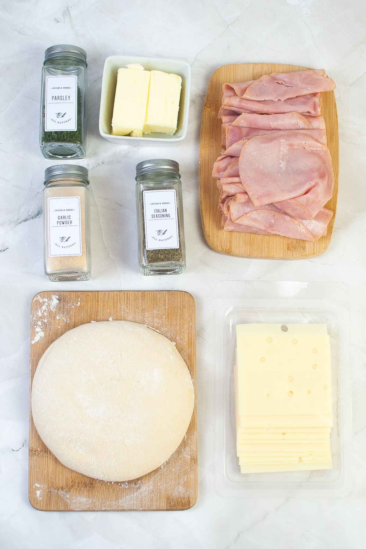 Ingredients for ham and cheese roll ups.