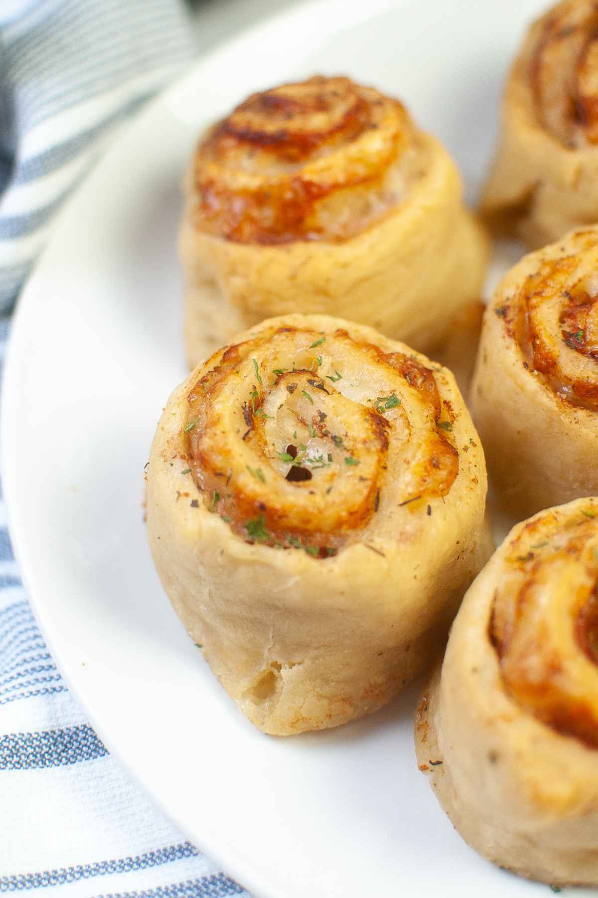 Up close image of Ham and Cheese pinwheels made in the air fryer.