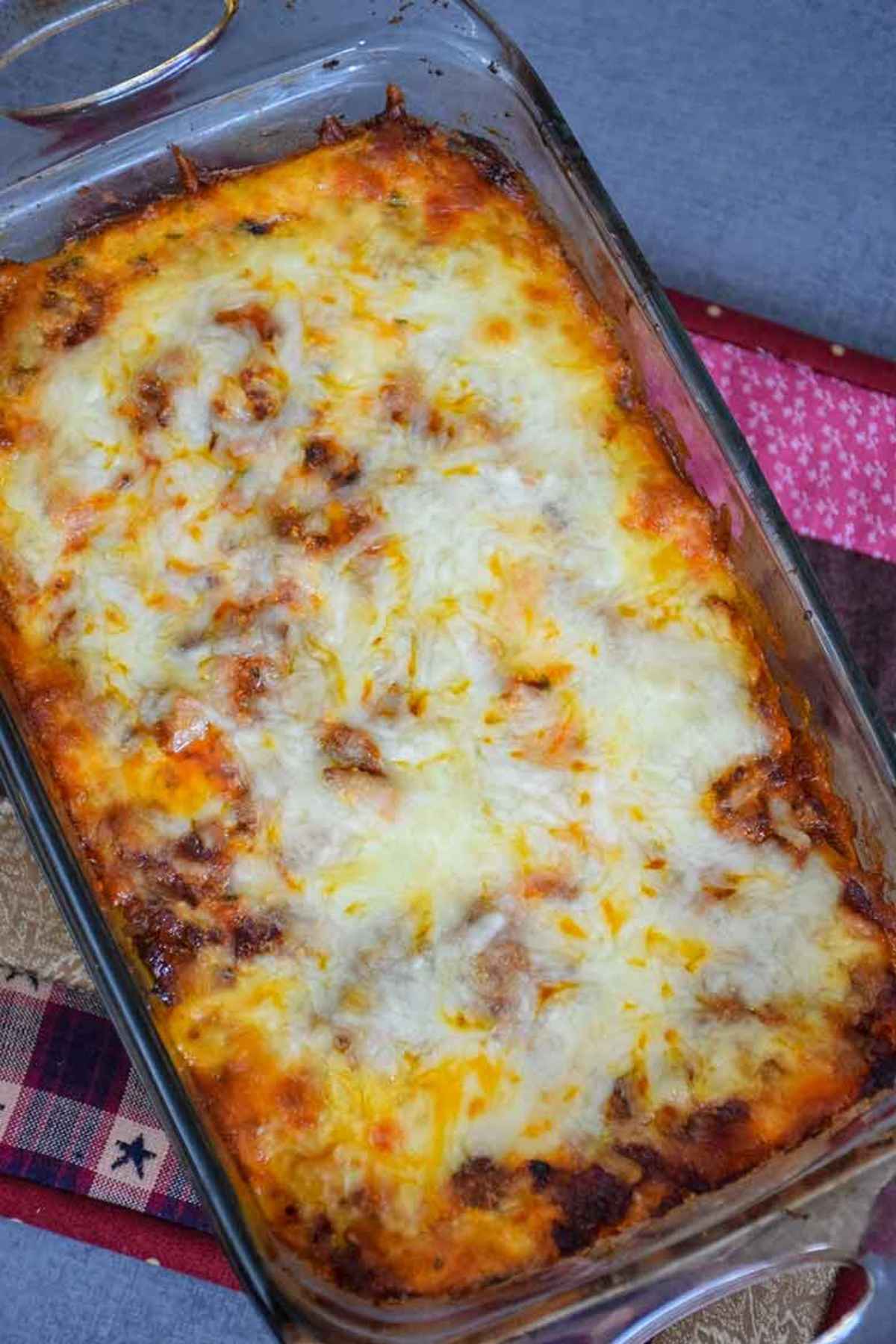 Overhead image of hearts of palm lasagna in a loaf pan.