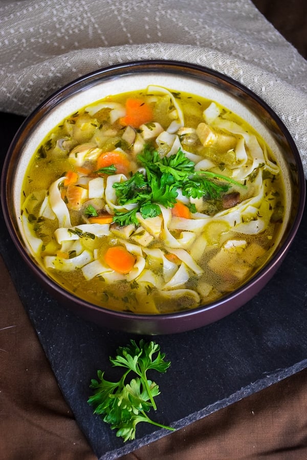 A bowl of Keto Chicken Noodle Soup.