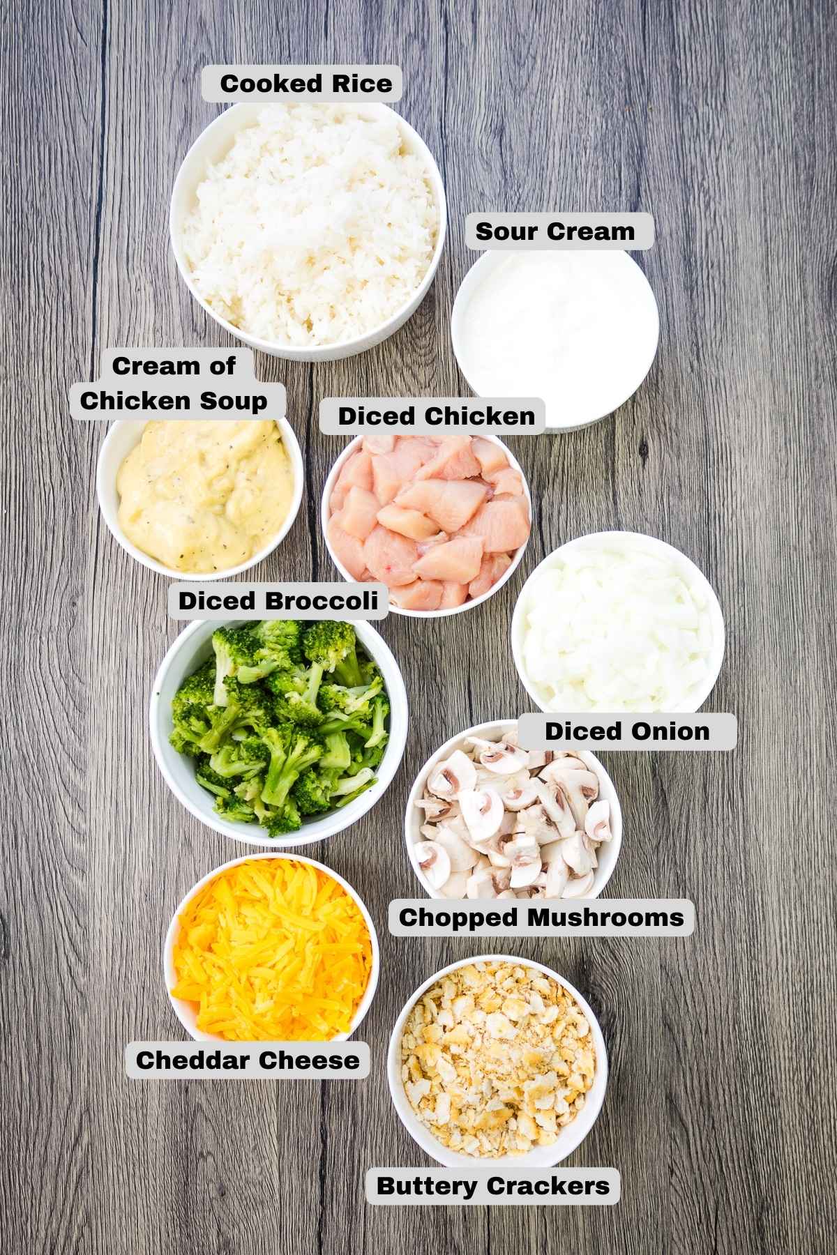 Ingredients for Chicken Broccoli Rice Casserole recipe.
