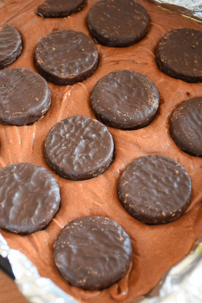 York peppermint patties on top of brownie batter.