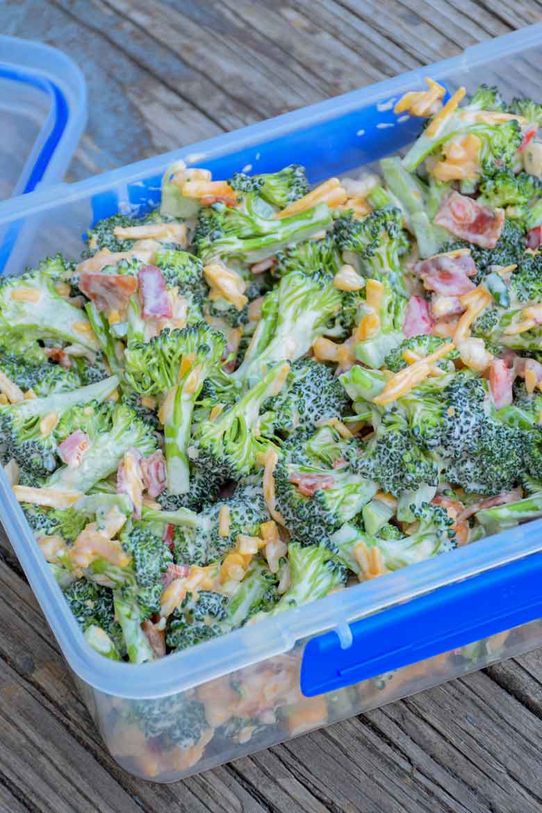 Keto Spicy Broccoli Salad with bacon and jalapeno in a storage container
