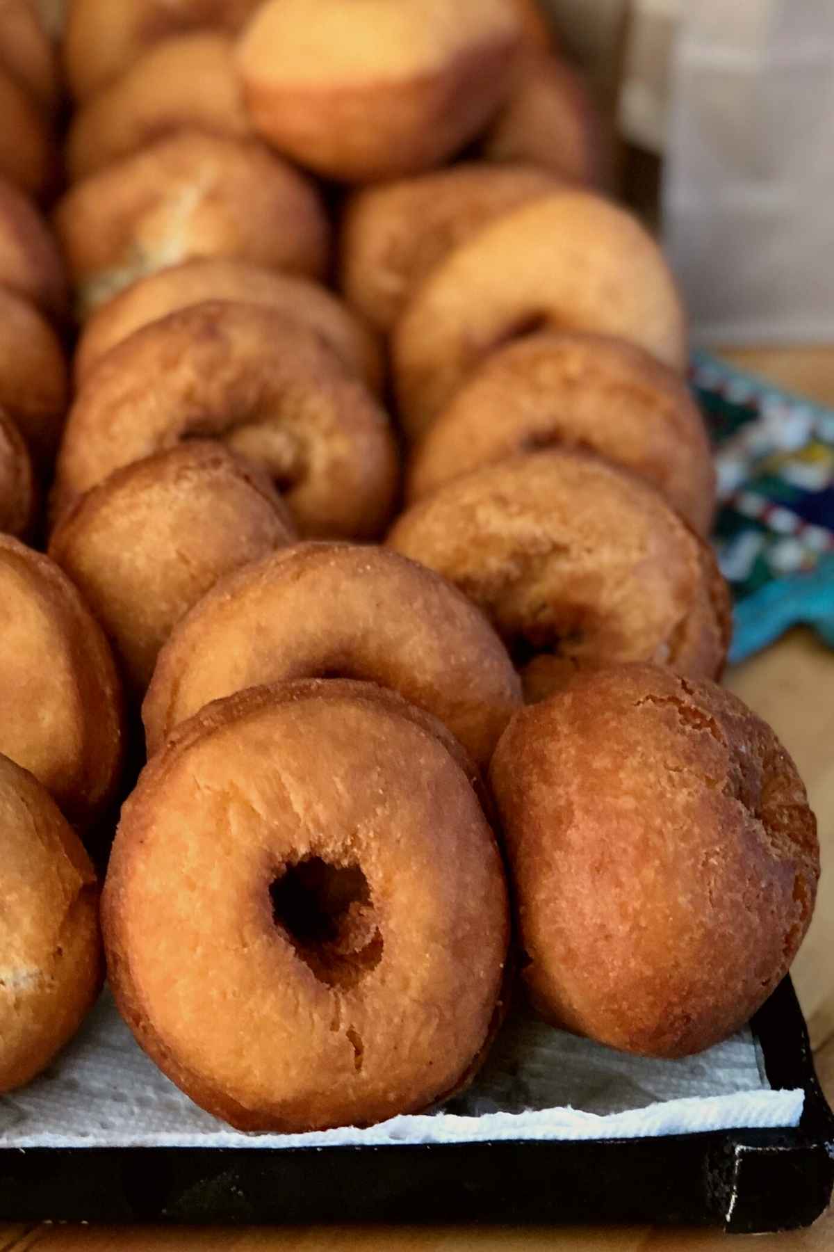 A tray full of homemade buttermilk doughnuts on paper towel lined baking sheet.