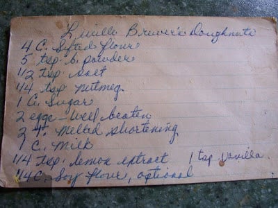 Mom's tattered deep fried doughnut recipe card