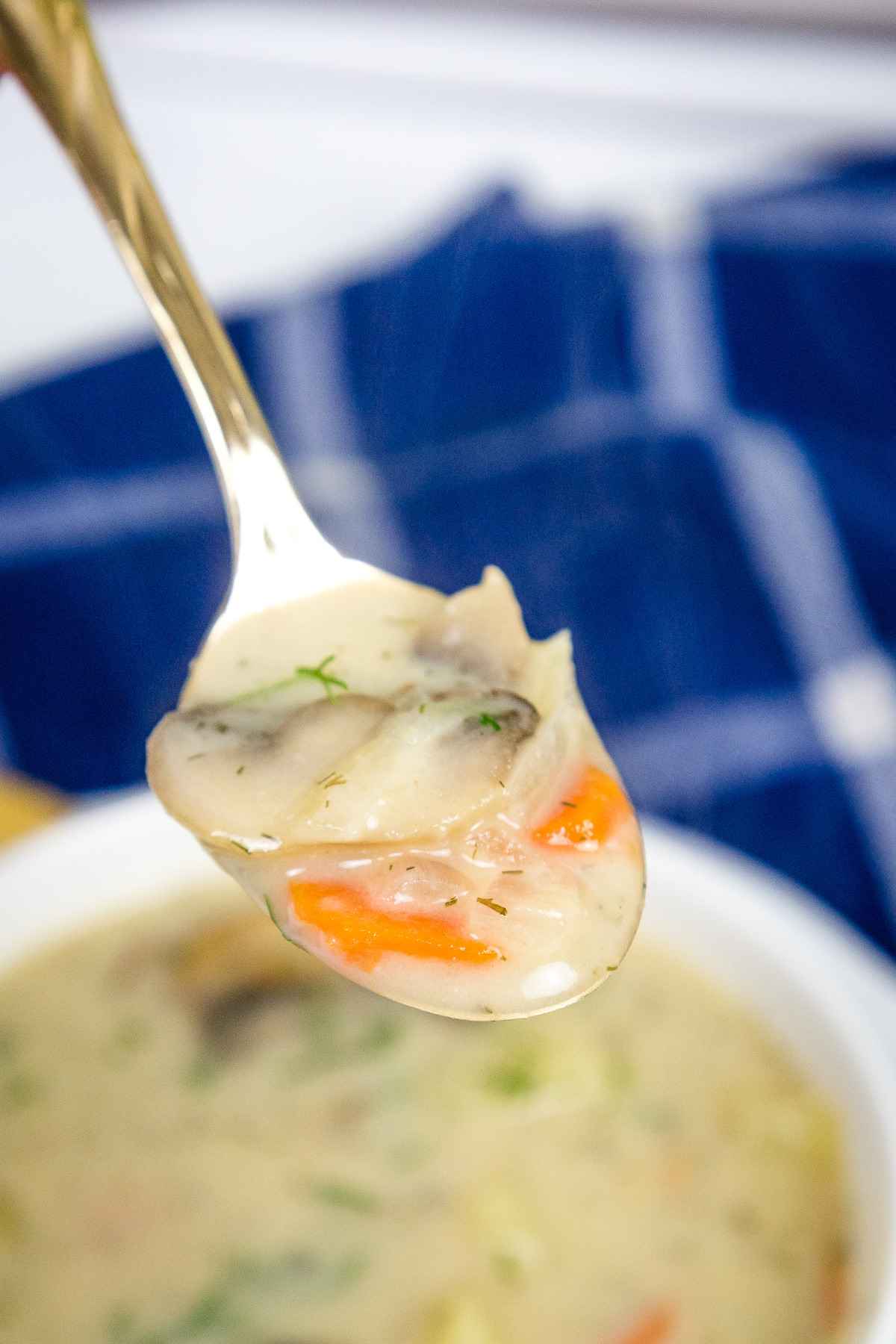 Bite shot of Russian Mushroom Potato Soup.