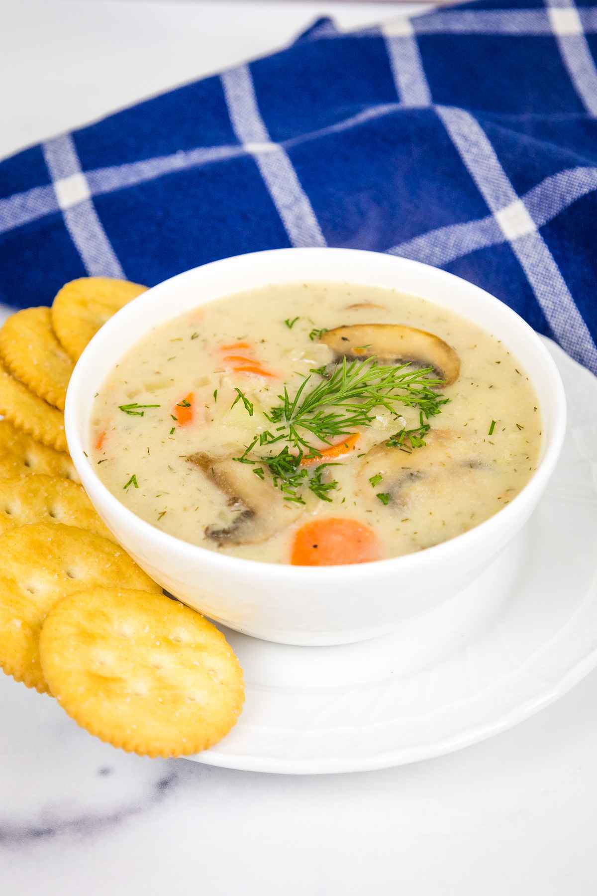 Angled shot of Russian Mushroom Potato Soup.