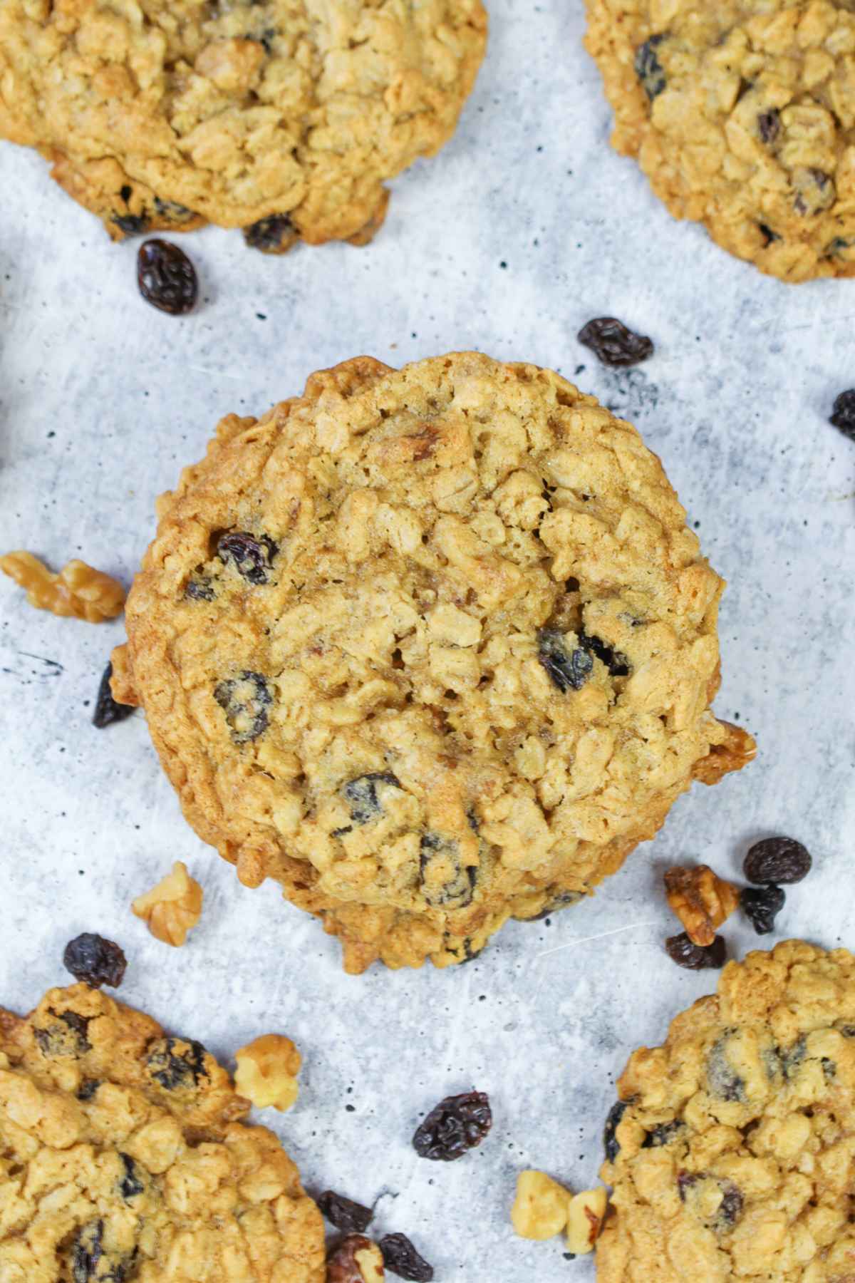 Overhead image of Oatmeal Raisin Walnut Cookies on a baking sheet.