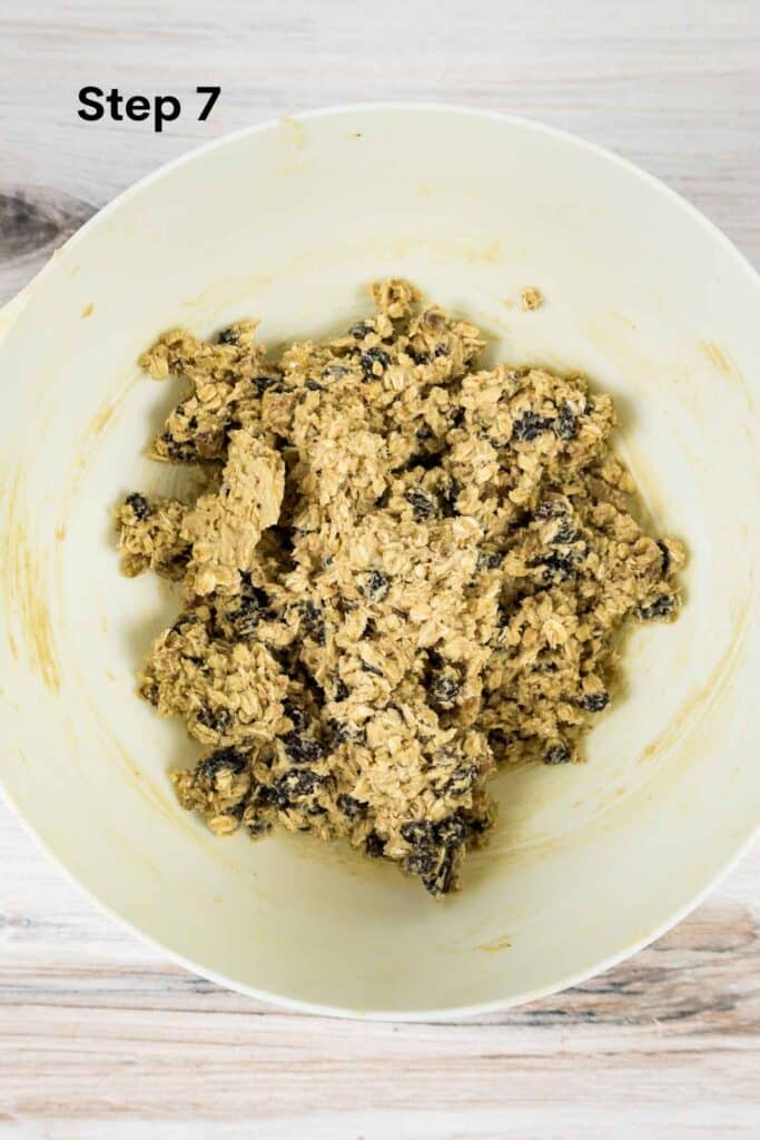 Oatmeal Raisin Walnut Cookie dough in a mixing bowl.