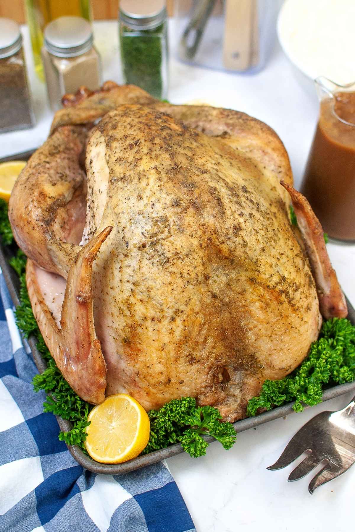 Whole pan roasted turkey on serving tray.
