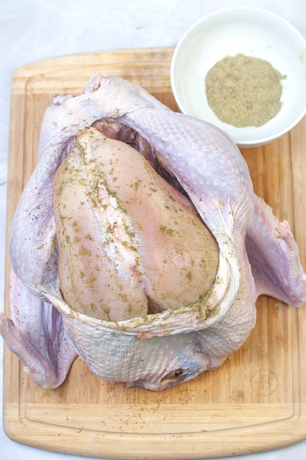 Whole raw turkey with skin pulled back on breast and rubbed with spices.