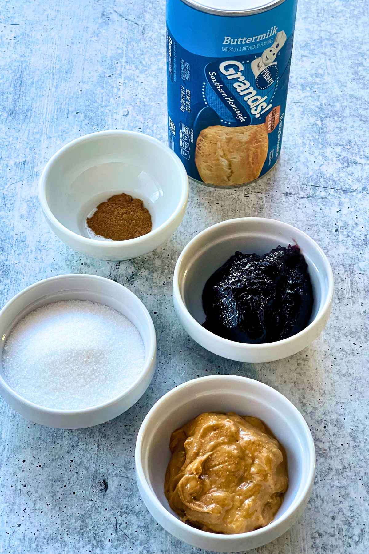 Ingredients for peanut butter and jelly monkey bread.