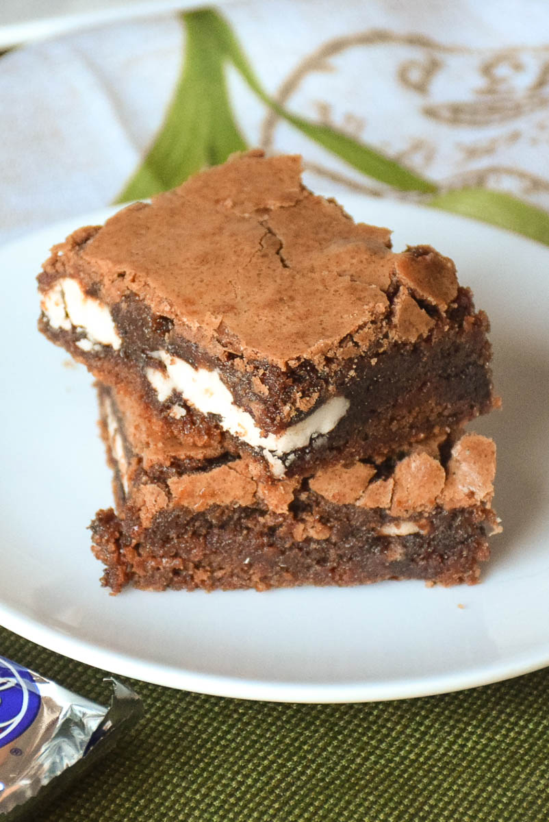 Two Peppermint Patty Brownies stacked.