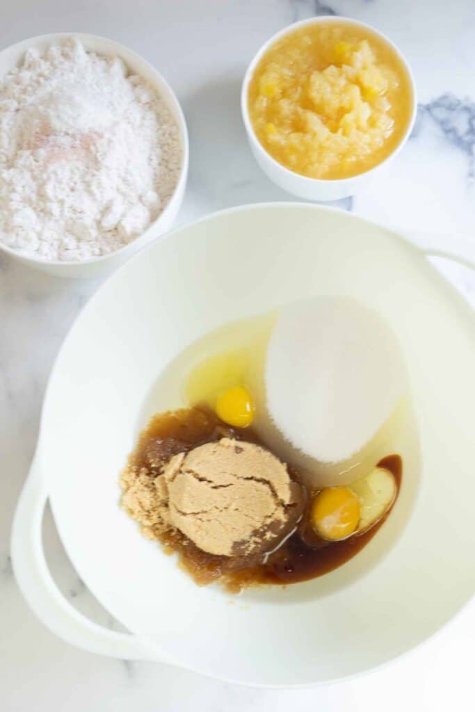 Wet ingredients in mixing bowl before mixing.