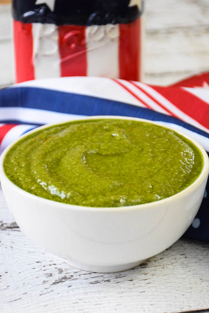 Pistachio Pesto in a white bowl.