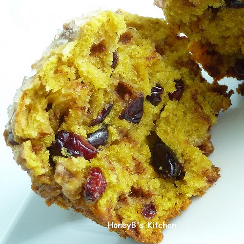 Pumpkin Cranberry Muffin split in half.